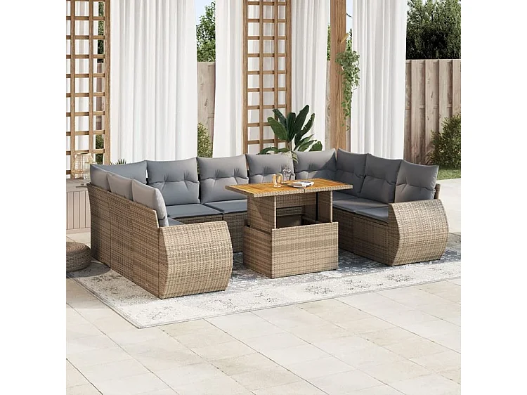 Salon de jardin avec coussins 10 pcs beige résine tressée