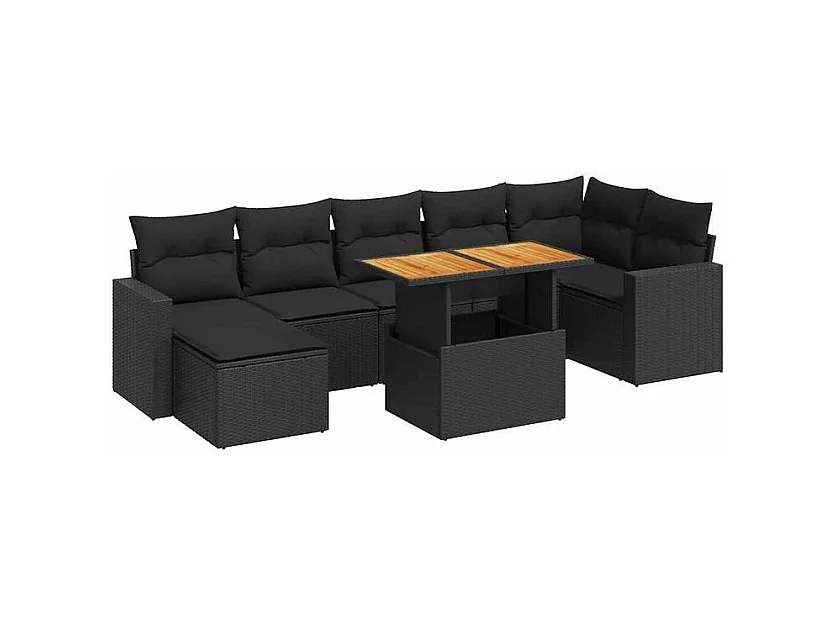 Salon de jardin 8 pcs avec coussins noir résine tressée