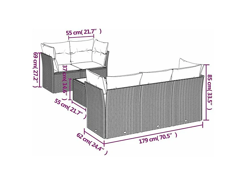 Salon de jardin avec coussins 6 pcs marron résine tressée