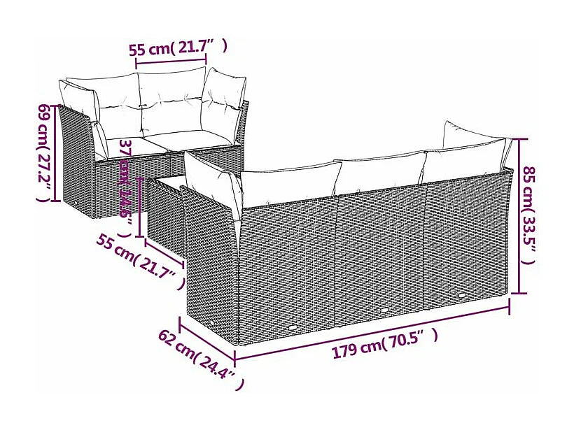 Salon de jardin avec coussins 6 pcs marron résine tressée