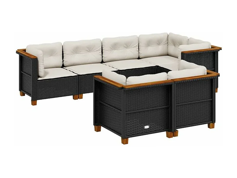 Salon de jardin 7 pcs avec coussins noir résine tressée