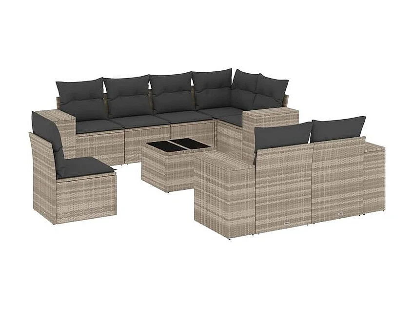 Salon de jardin 9 pcs avec coussins gris clair résine tressée