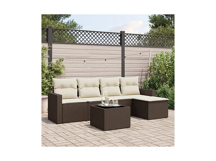 Salon de jardin avec coussins 6 pcs marron résine tressée