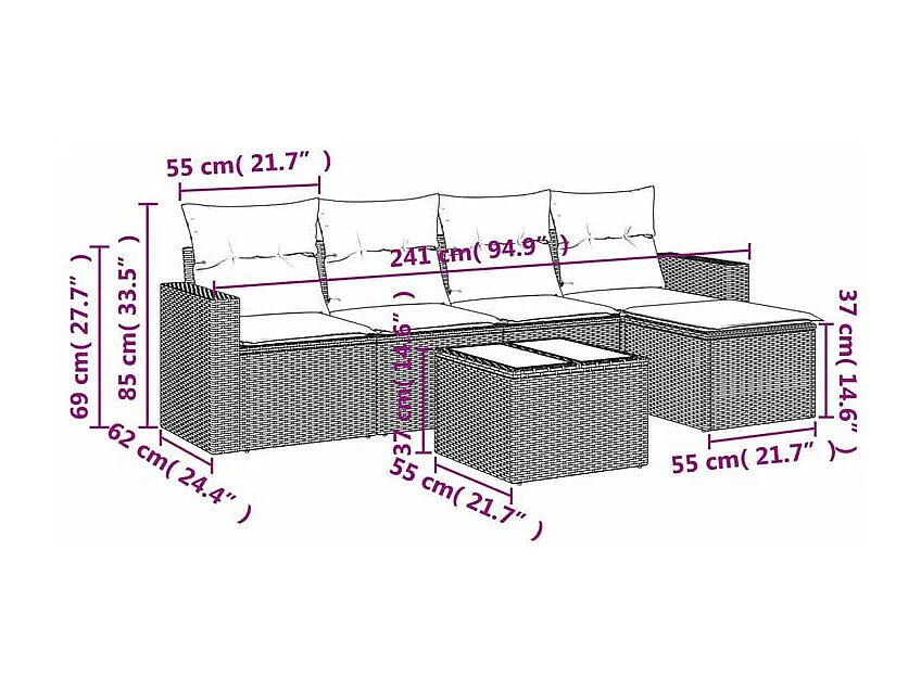 Salon de jardin avec coussins 6 pcs marron résine tressée