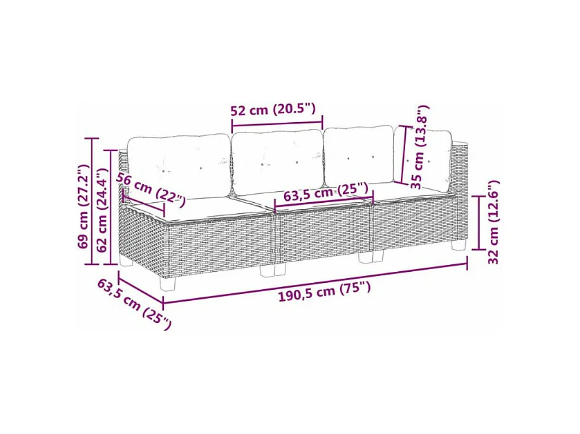 Canapé de jardin avec coussins 3 places noir résine tressée