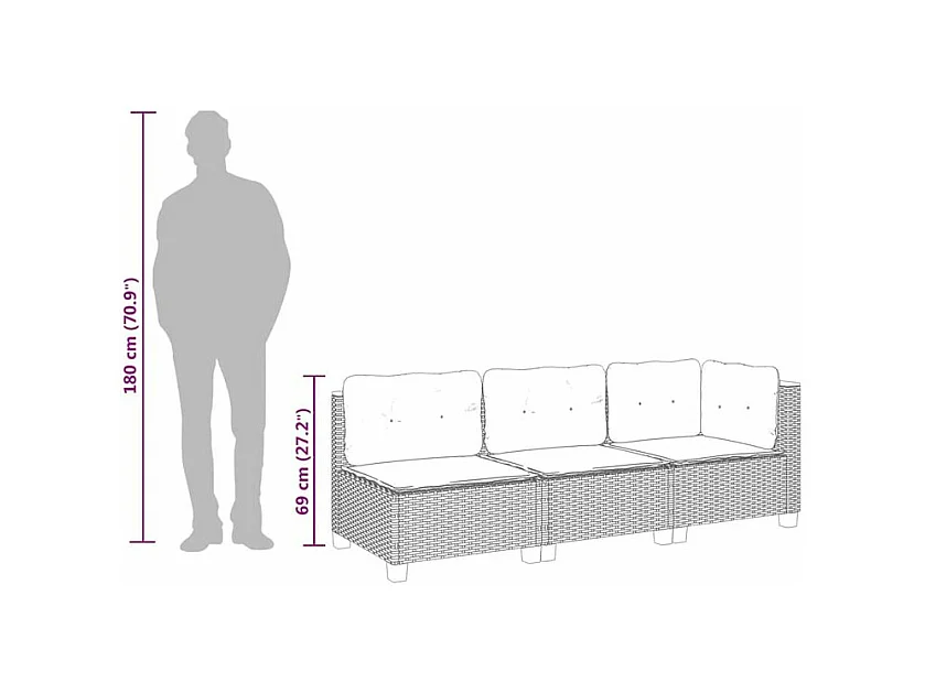 Canapé de jardin avec coussins 3 places noir résine tressée