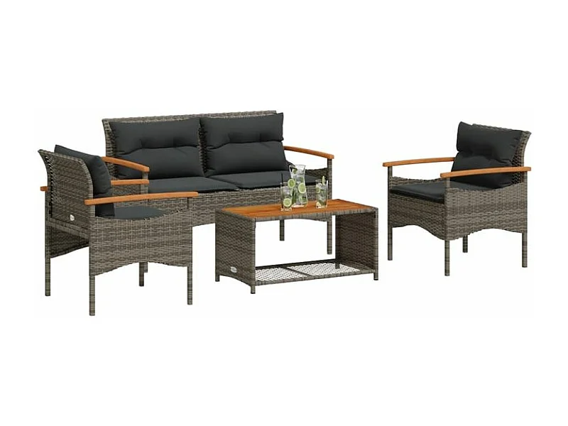 Salon de jardin 4 pcs avec coussins gris résine tressée