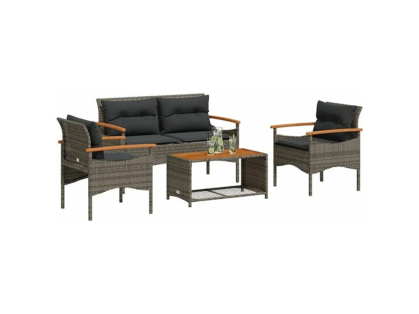 Salon de jardin 4 pcs avec coussins gris résine tressée