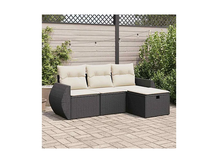 Salon de jardin 4 pcs avec coussins noir résine tressée