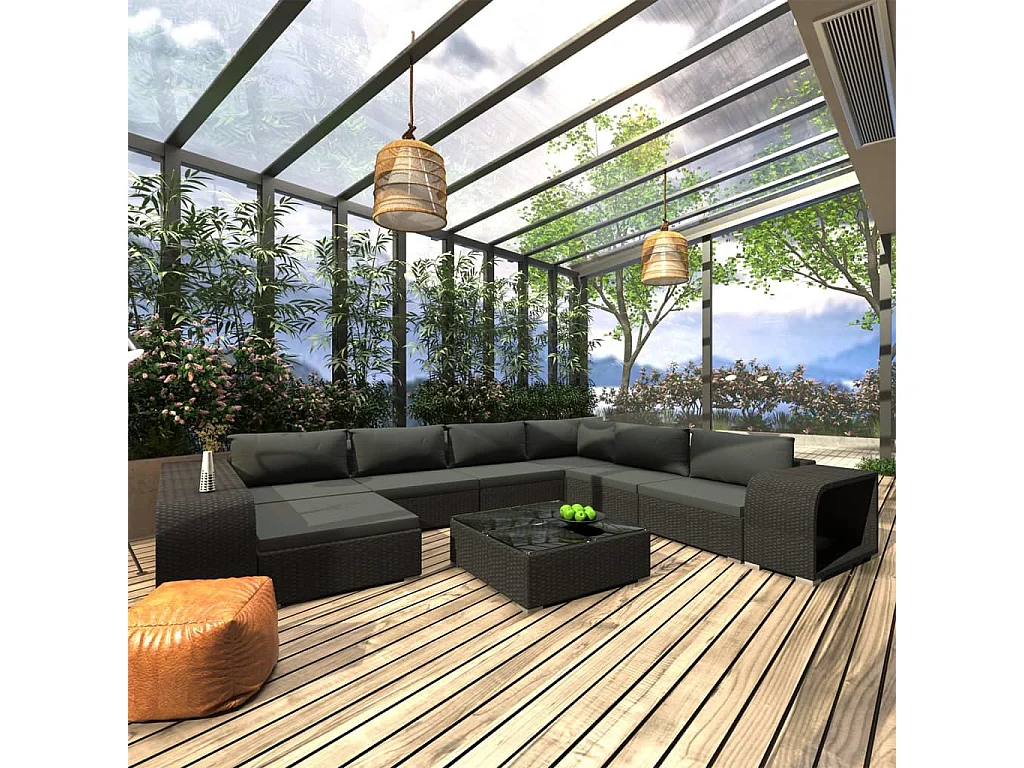 Salon de jardin 10 pcs avec coussins Résine tressée Noir 23