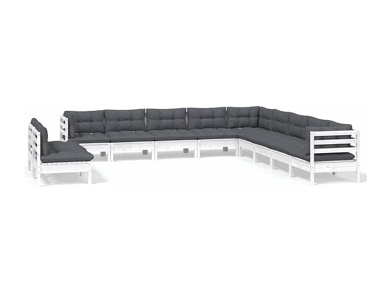 Salon de jardin 11 pcs avec coussins blanc bois de pin solide