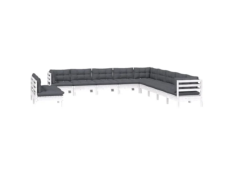Salon de jardin 11 pcs avec coussins blanc bois de pin solide