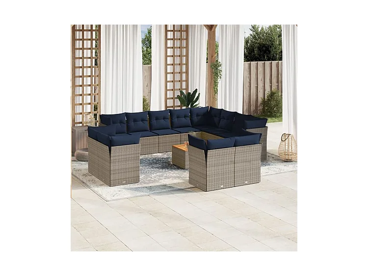 Salon de jardin avec coussins 13 pcs gris résine tressée