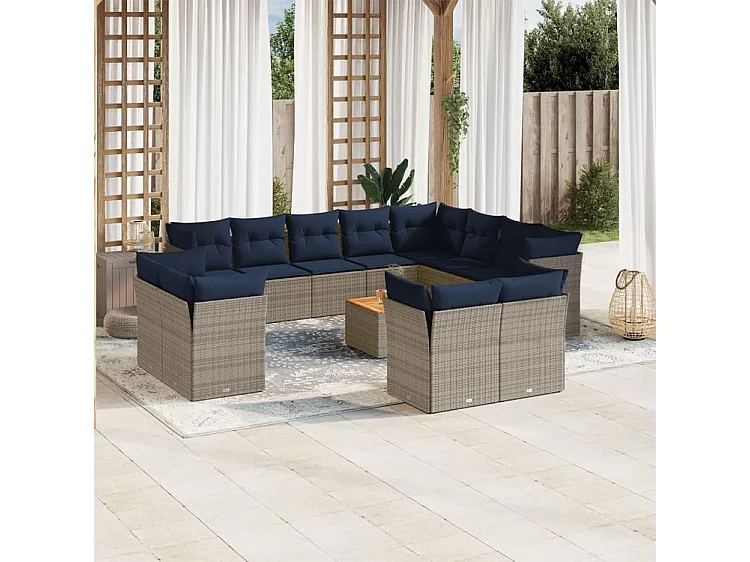 Salon de jardin avec coussins 13 pcs gris résine tressée