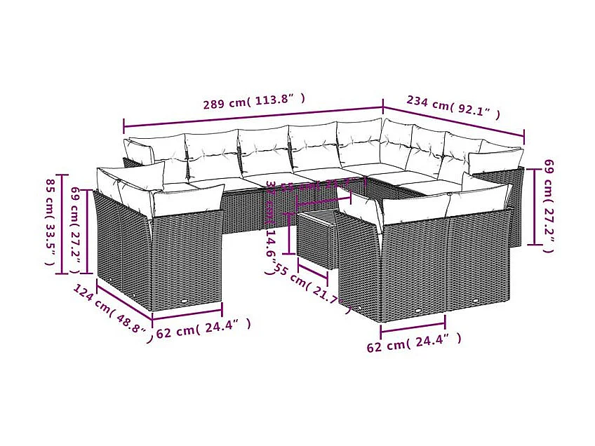 Salon de jardin avec coussins 13 pcs gris résine tressée