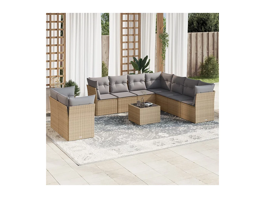 Salon de jardin avec coussins 10 pcs beige résine tressée