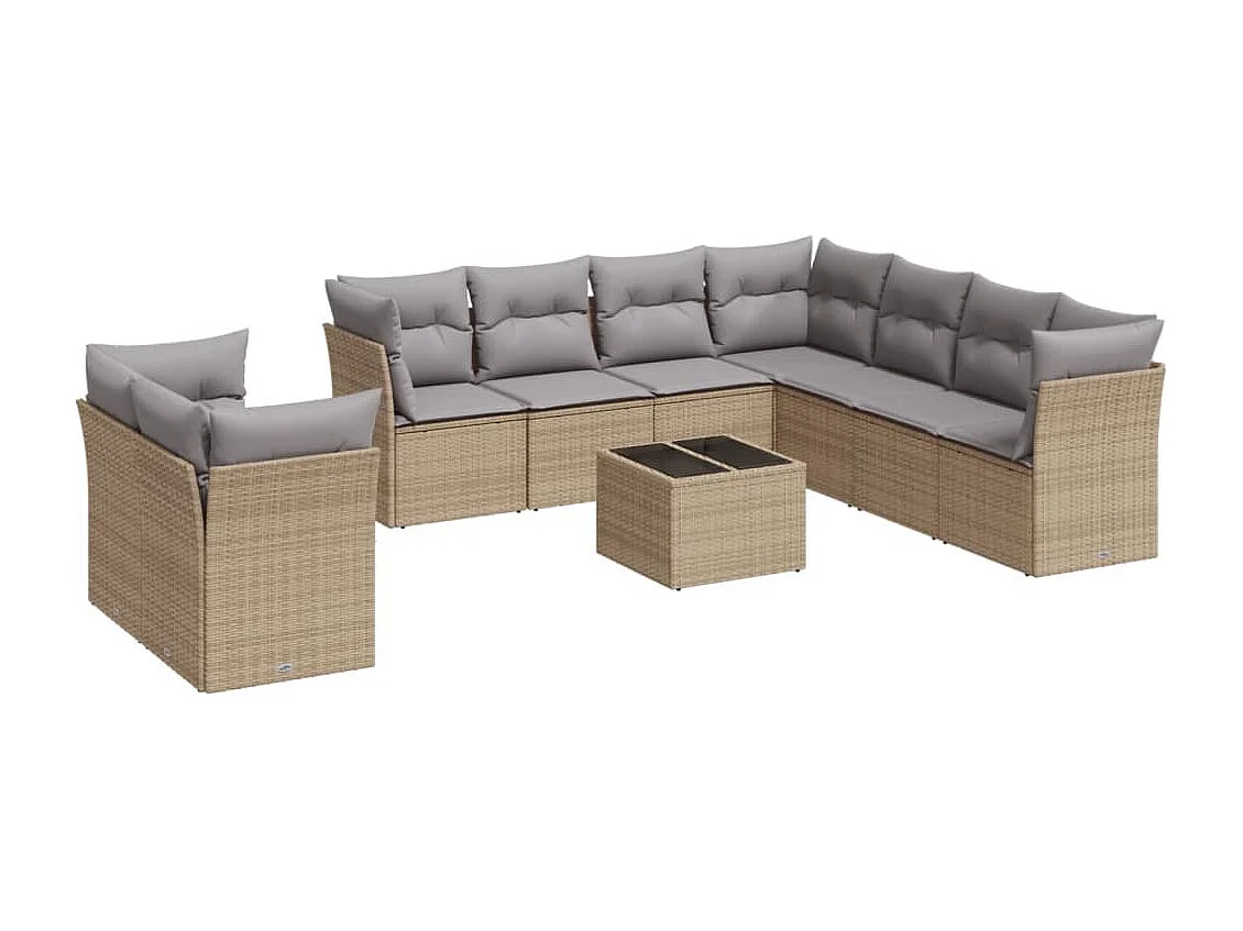 Salon de jardin avec coussins 10 pcs beige résine tressée