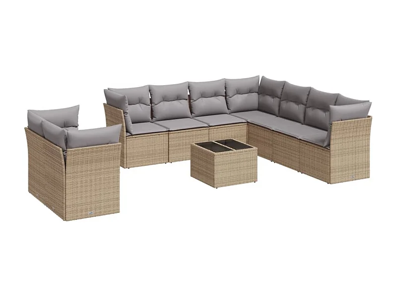 Salon de jardin avec coussins 10 pcs beige résine tressée