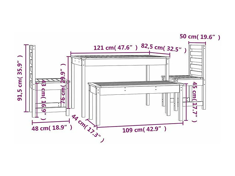 Ensemble à manger de jardin 4 pcs blanc bois massif de pin