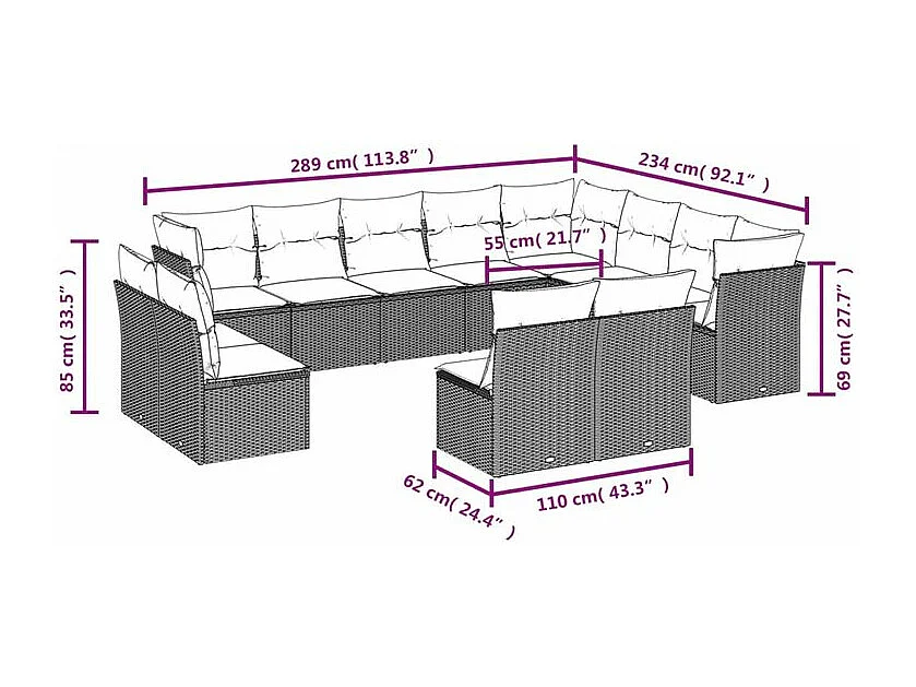 Salon de jardin avec coussins 12 pcs gris clair résine tressée