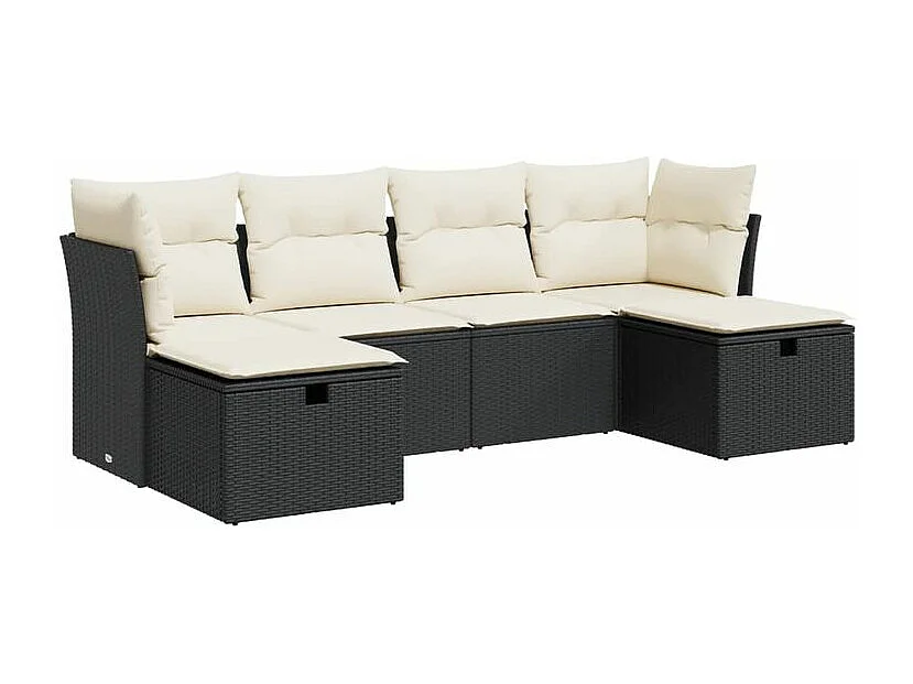 Salon de jardin 6 pcs avec coussins noir résine tressée