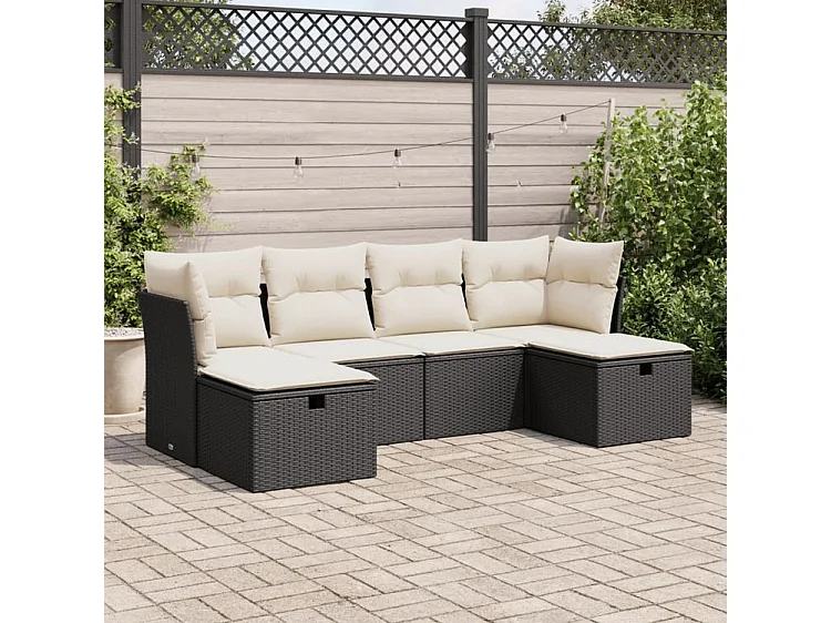 Salon de jardin 6 pcs avec coussins noir résine tressée