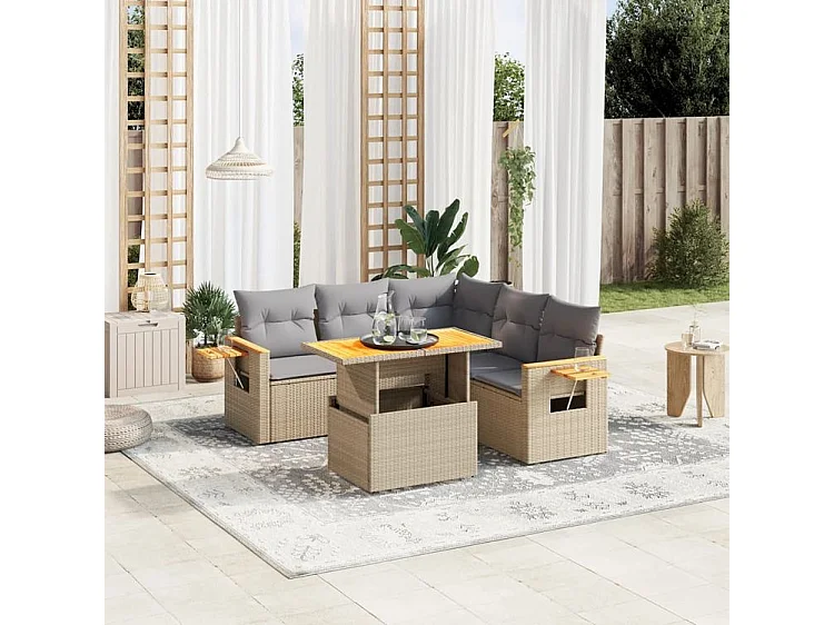 Salon de jardin avec coussins 6 pcs beige résine tressée
