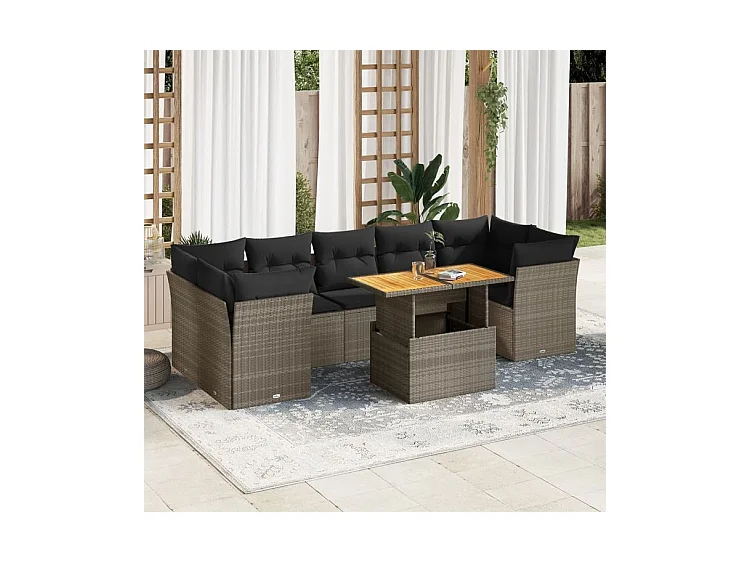 Salon de jardin 8 pcs avec coussins gris résine tressée
