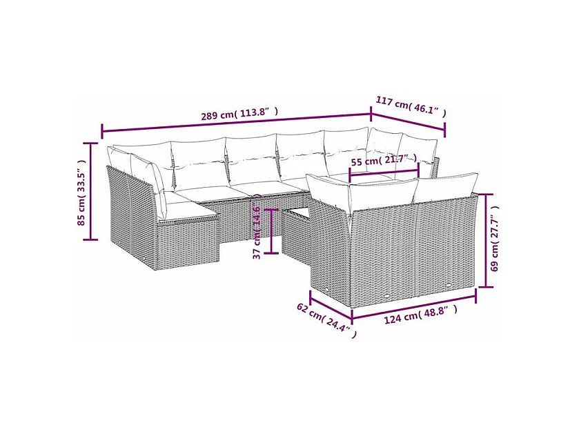 Salon de jardin 10 pcs avec coussins marron résine tressée