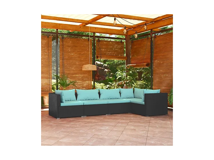 Salon de jardin 5 pcs avec coussins Résine tressée Noir