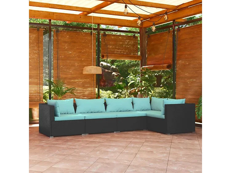 Salon de jardin 5 pcs avec coussins Résine tressée Noir