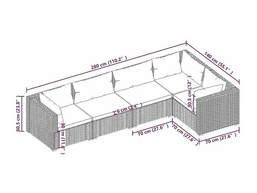 Salon de jardin 5 pcs avec coussins Résine tressée Noir