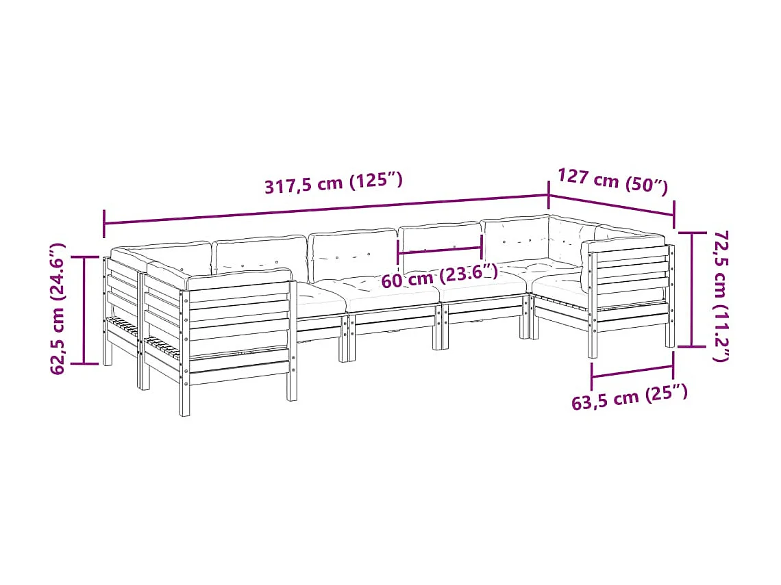 Salon de jardin 7 pcs avec coussins bois de pin imprégné