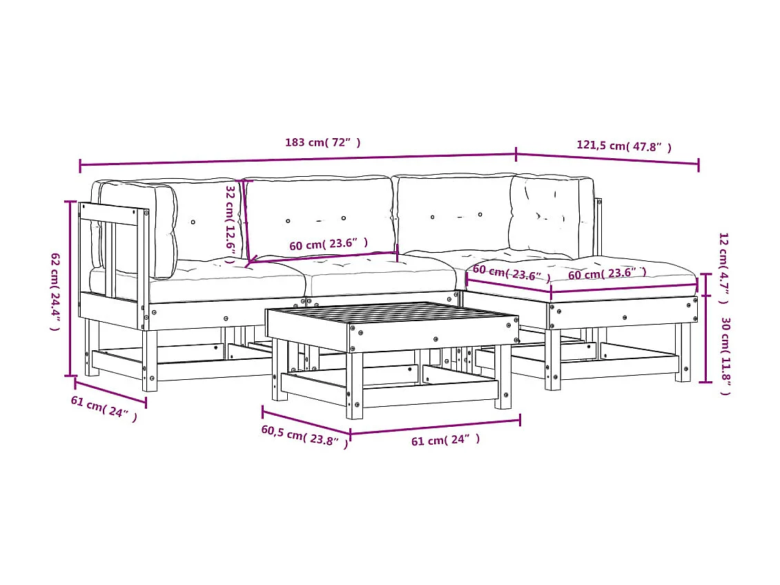 Salon de jardin 5 pcs avec coussins bois de pin imprégné