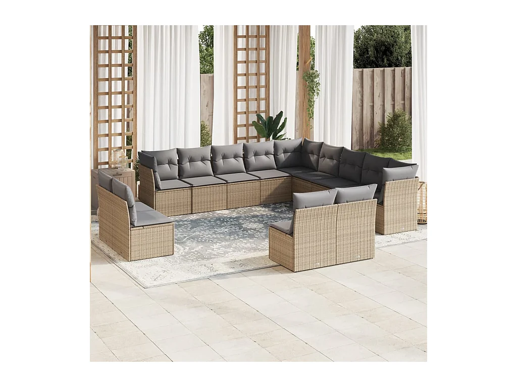 Salon de jardin avec coussins 12 pcs beige résine tressée