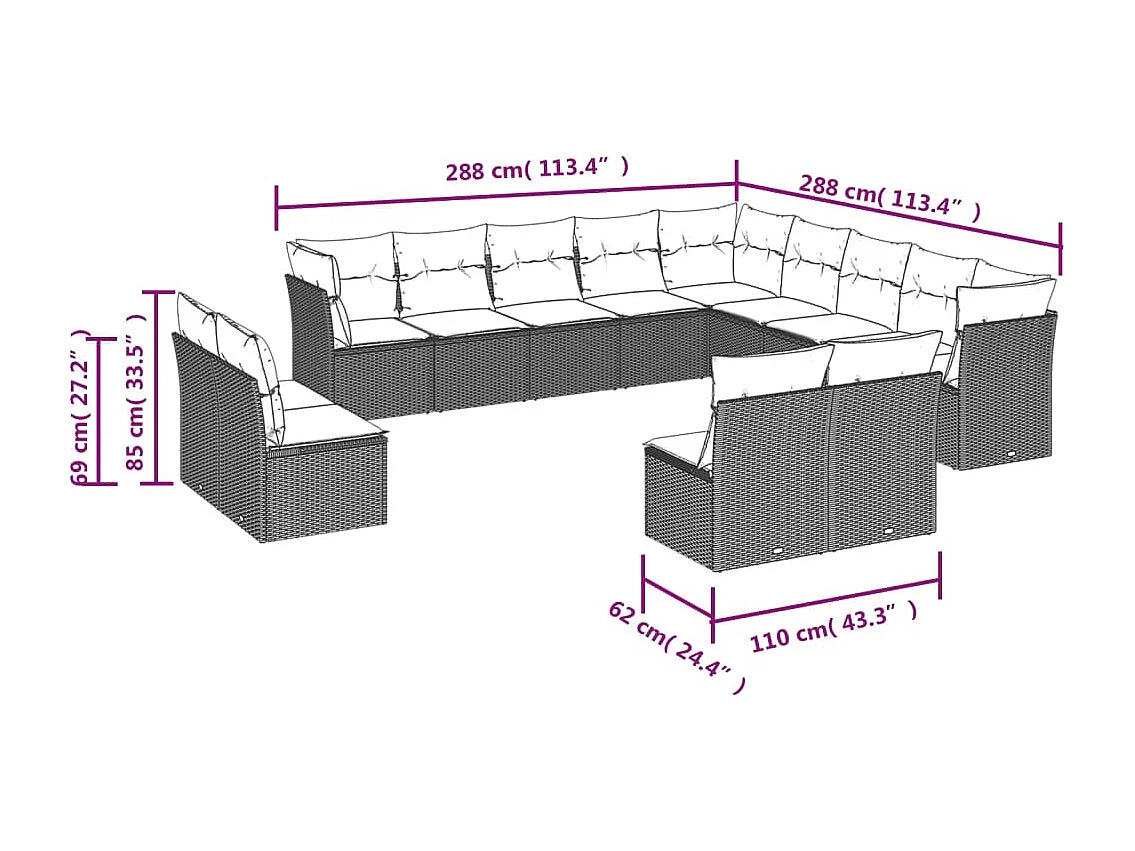 Salon de jardin avec coussins 12 pcs beige résine tressée