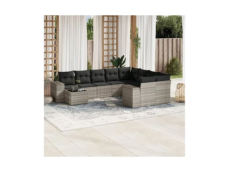 Salon de jardin avec coussins 10 pcs gris clair résine tressée