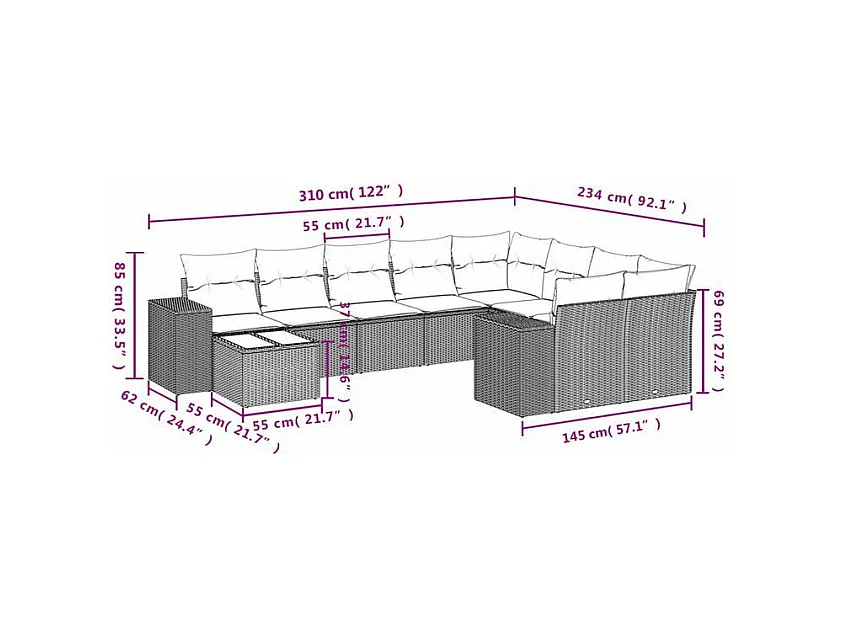 Salon de jardin avec coussins 10 pcs gris clair résine tressée