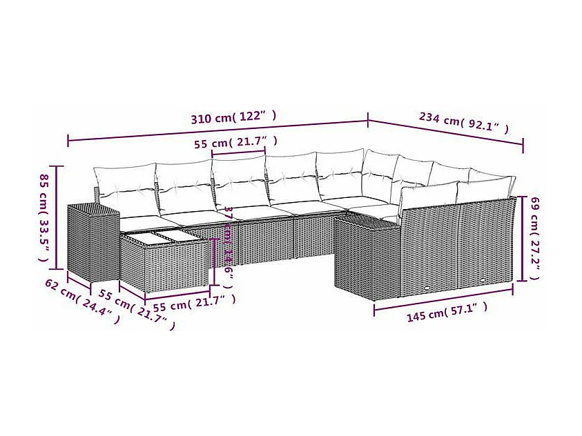 Salon de jardin avec coussins 10 pcs gris clair résine tressée