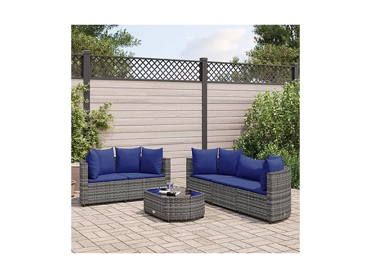 Salon de jardin 6 pcs avec coussins gris résine tressée