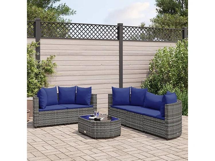 Salon de jardin 6 pcs avec coussins gris résine tressée