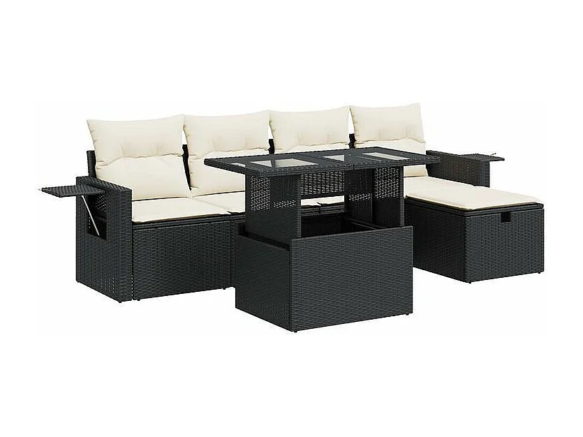 Salon de jardin 6 pcs avec coussins noir résine tressée