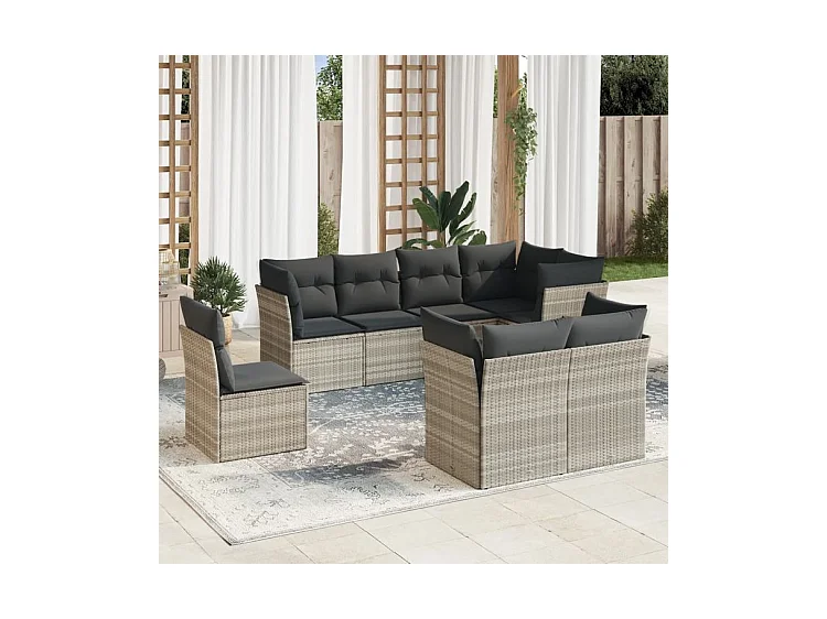 Salon de jardin 8 pcs avec coussins gris clair résine tressée