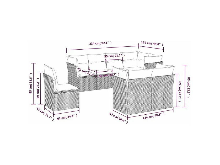 Salon de jardin 8 pcs avec coussins gris clair résine tressée