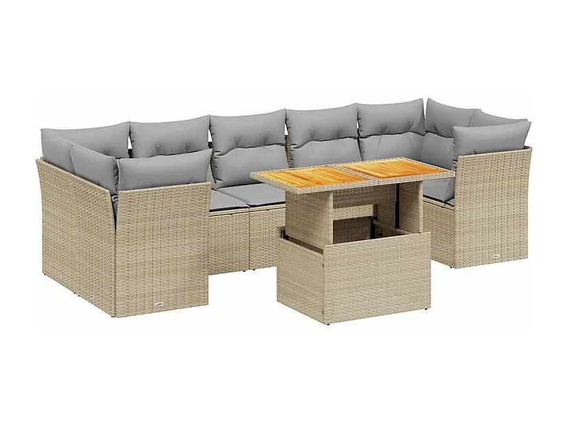 Salon de jardin avec coussins 8 pcs beige résine tressée