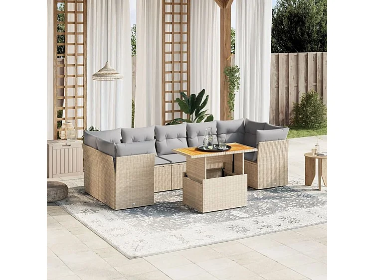 Salon de jardin avec coussins 8 pcs beige résine tressée