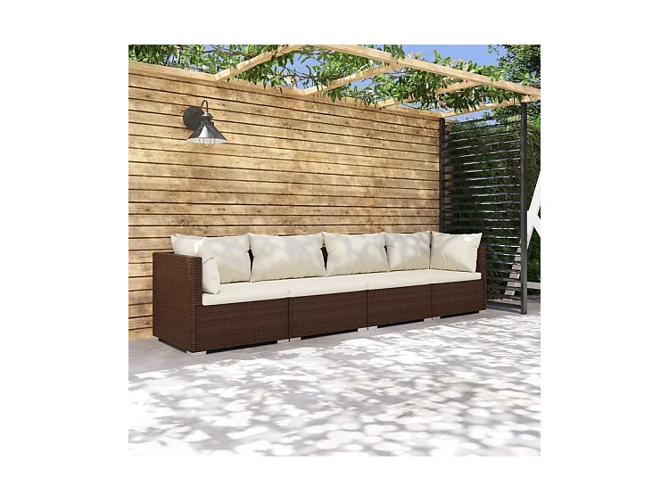 Salon de jardin 4 pcs avec coussins Résine tressée Marron