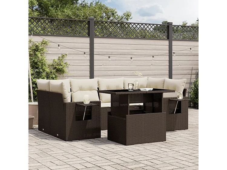 Salon de jardin avec coussins 7 pcs marron résine tressée