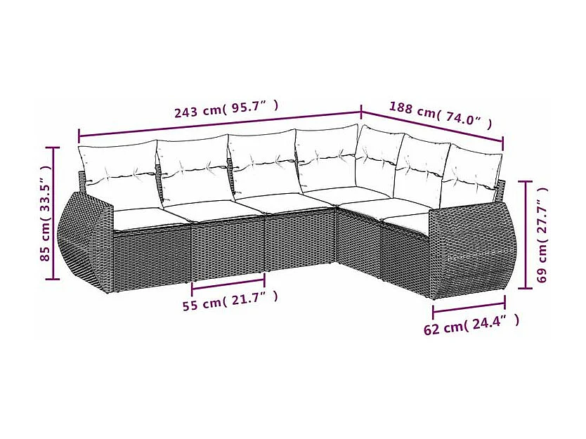 Salon de jardin avec coussins 6 pcs marron résine tressée
