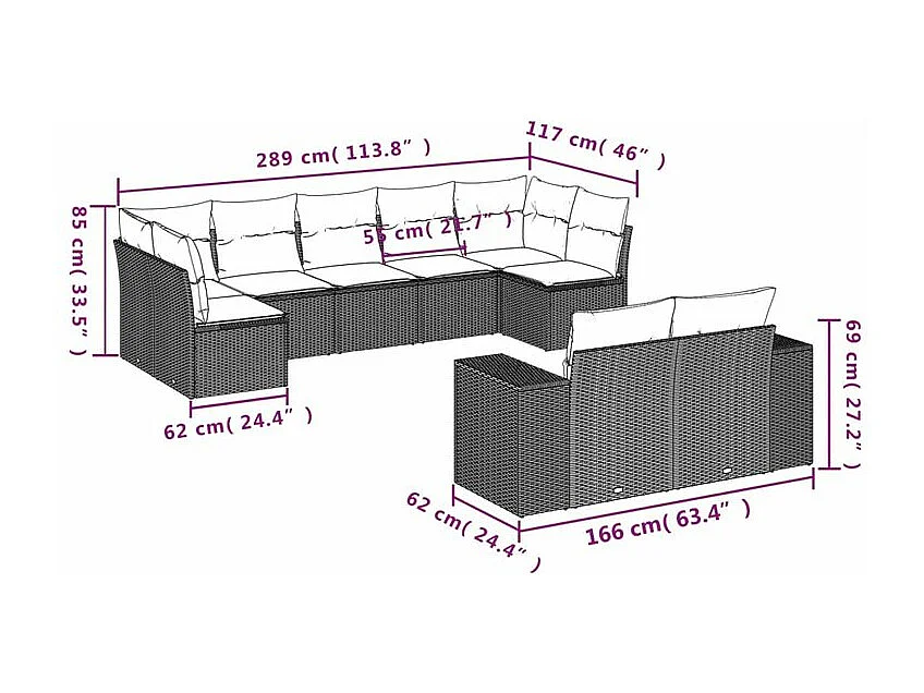 Salon de jardin avec coussins 9 pcs marron résine tressée
